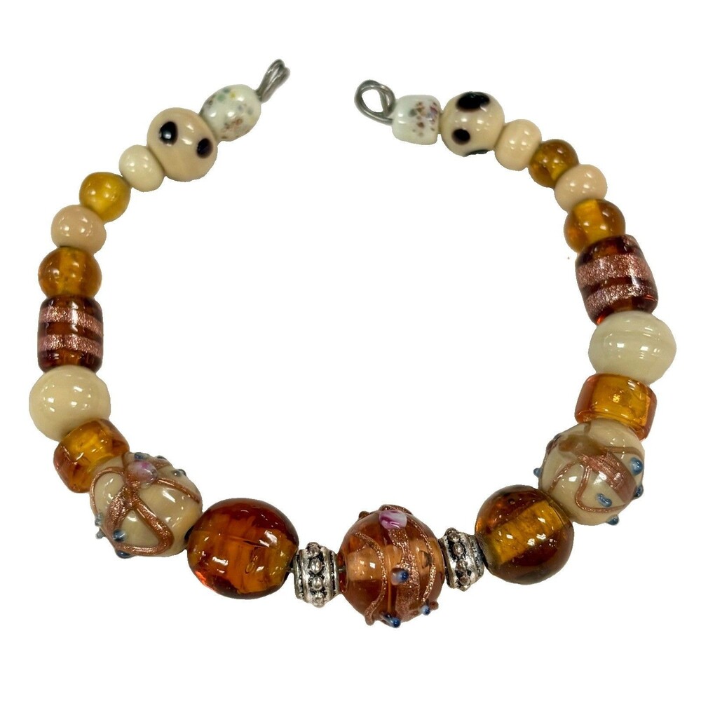Vintage Lampwork Glass Bead Bracelet Wedding Cake Amber Aventurine Art Glass